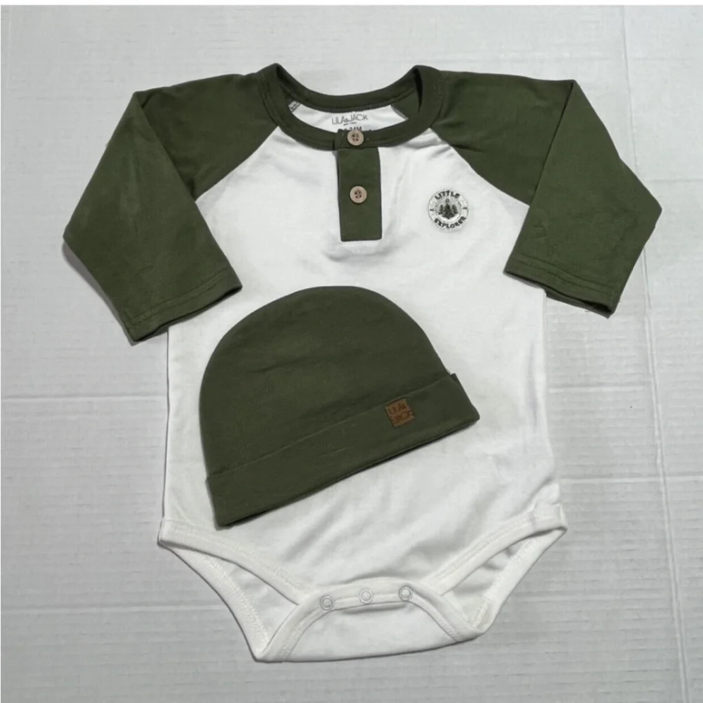 NEW! Lila & Jack “Little Explorer” raglan bodysuit & hat outfit 18-24 months